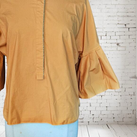 Genny Made In Italy Blouse Top Sz 4 Pleated Flared Sleeves Metallic Trim Poplin - Picture 5 of 8